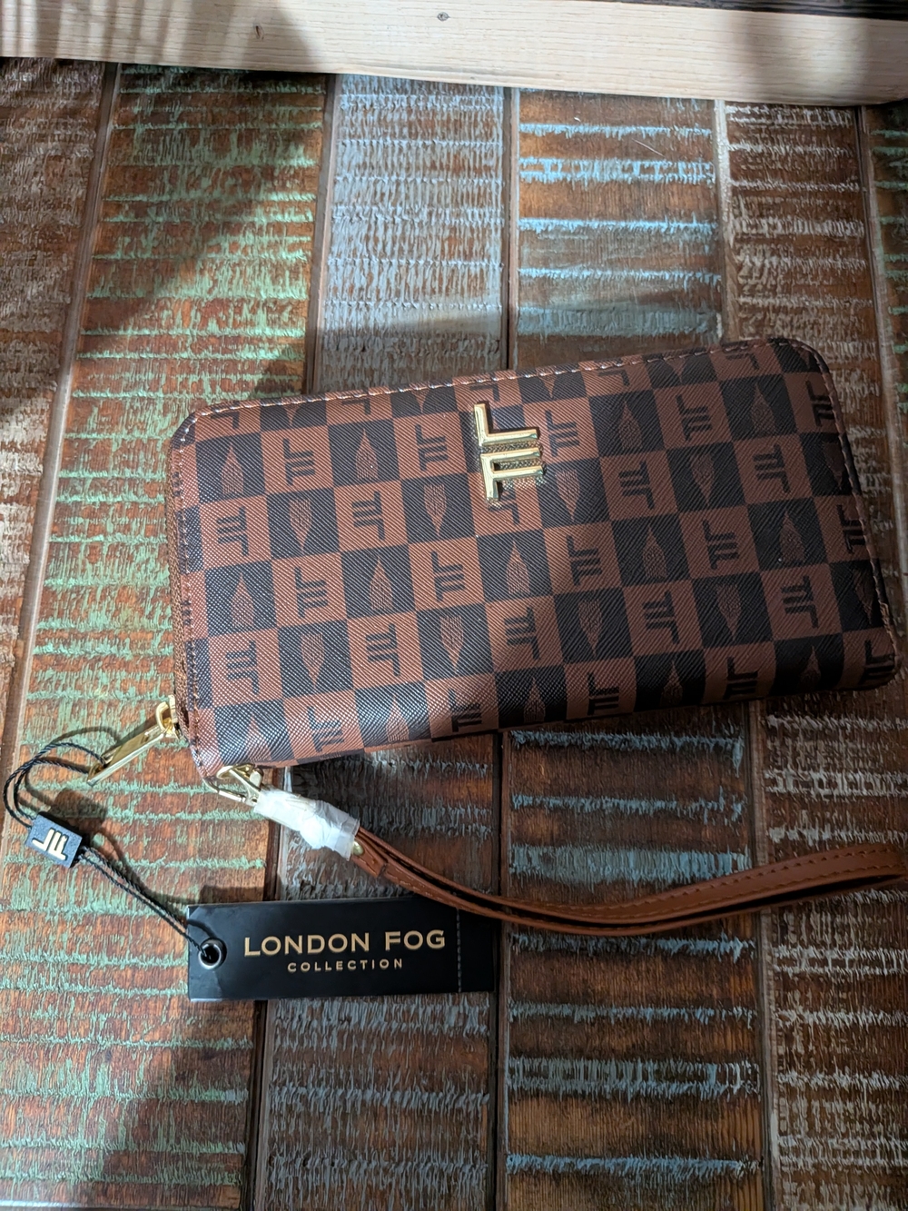 London Fog Brown Monogram Zip Wallet Wristlet